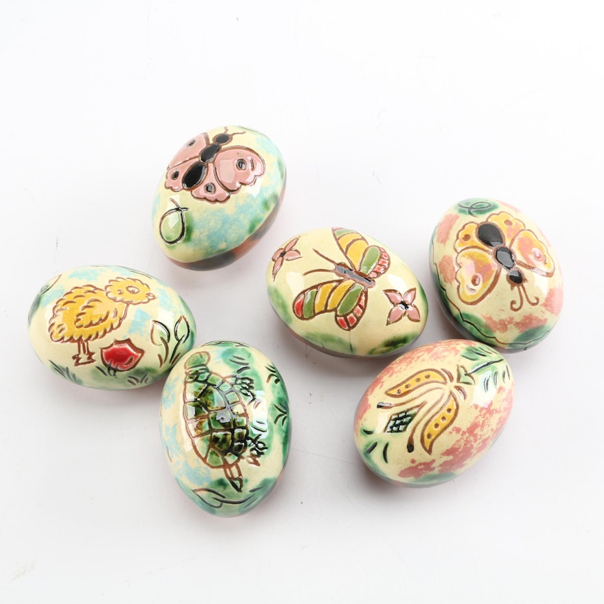 Hand-Painted Lester Breininger Sgraffito Redware Eggs