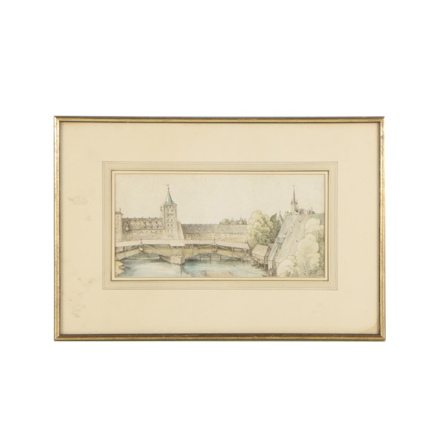 Hand-Colored Etching After Albrecht Dürer "A Covered Bridge at Nuremburg"