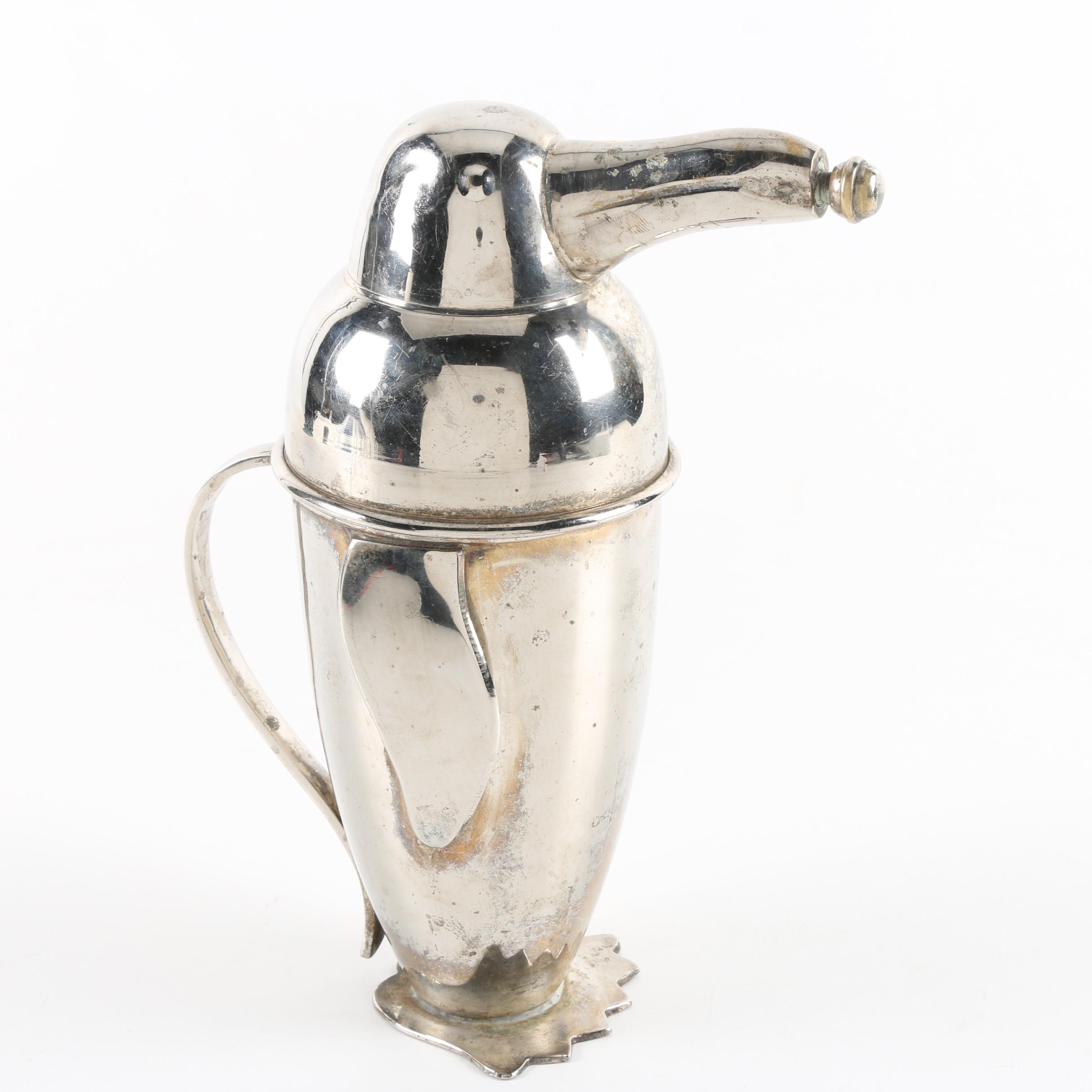 Penguin-Shaped Silver Plate Cocktail Shaker