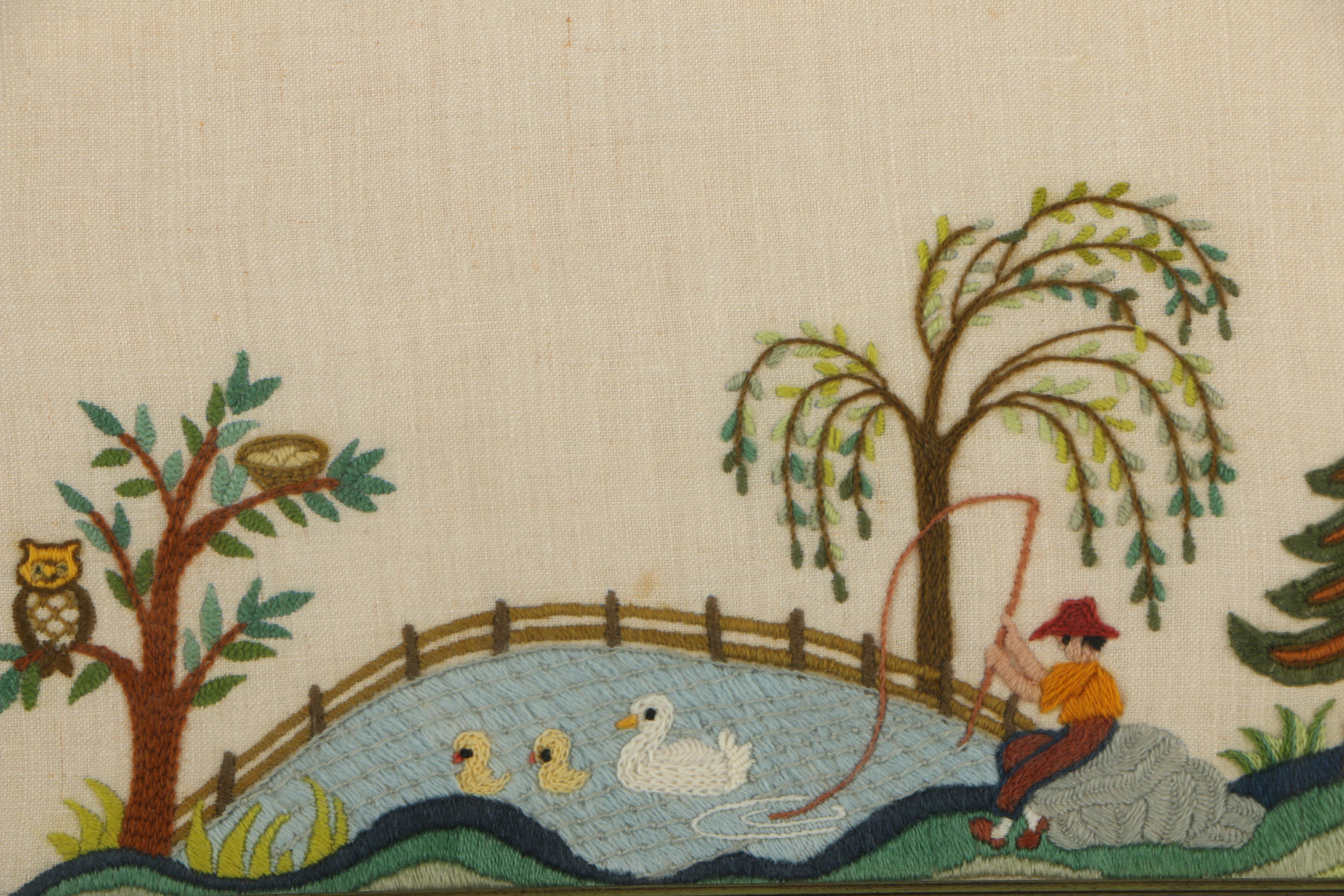 Framed Folk Art Embroidered Textile