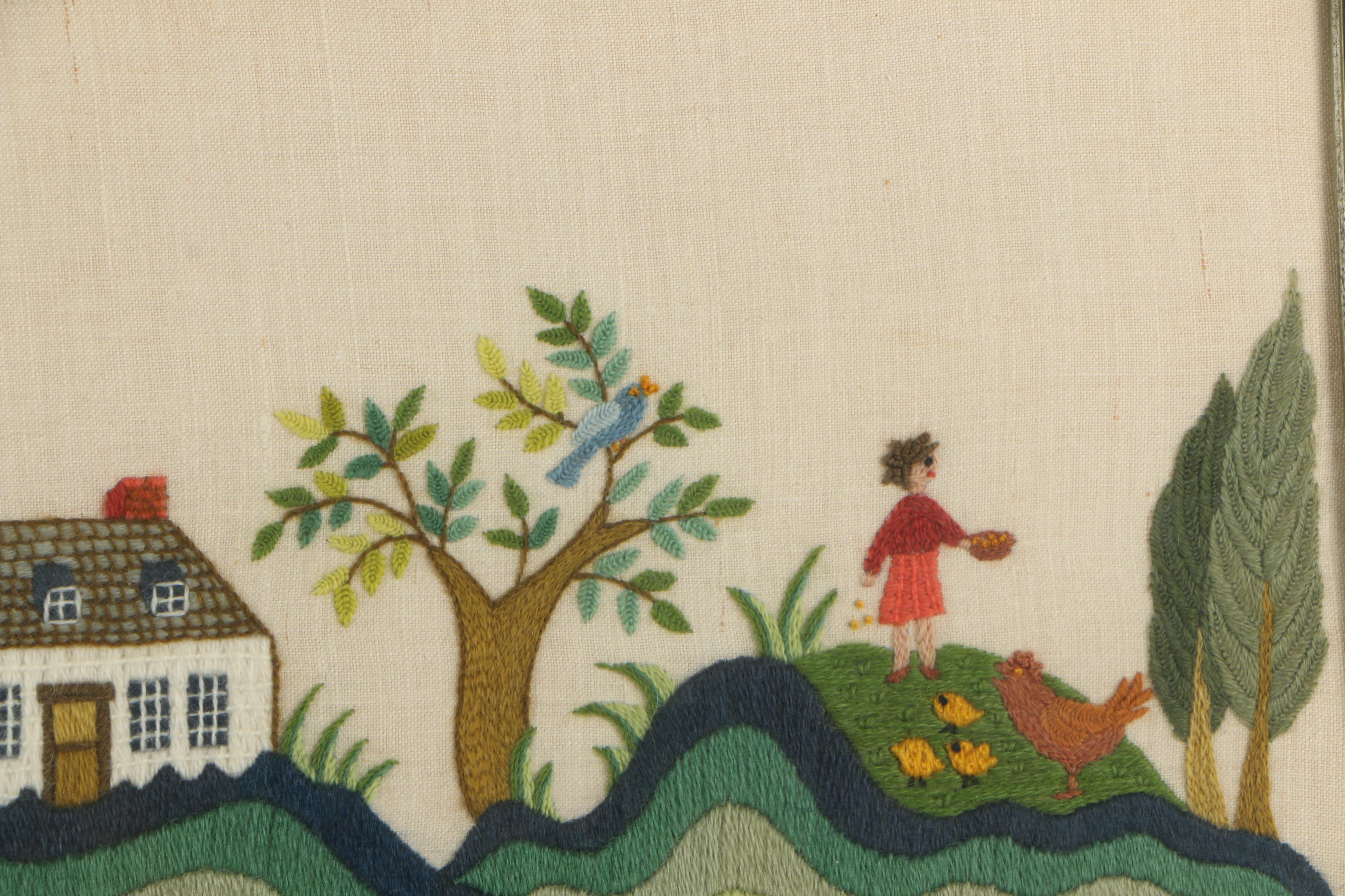 Framed Folk Art Embroidered Textile