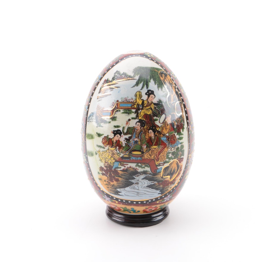 Chinese Satusuma Style Hand-Painted Porcelain Egg and Stand