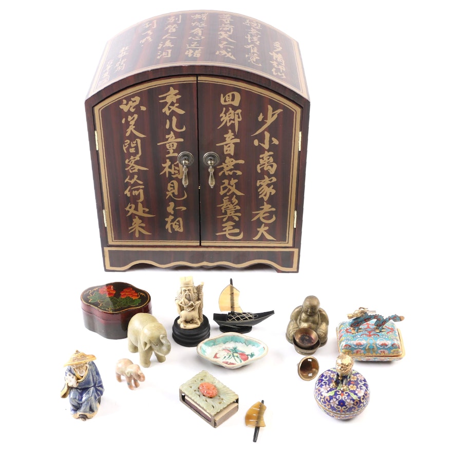 Chinese Box with Soapstone and Serpentine Figurines