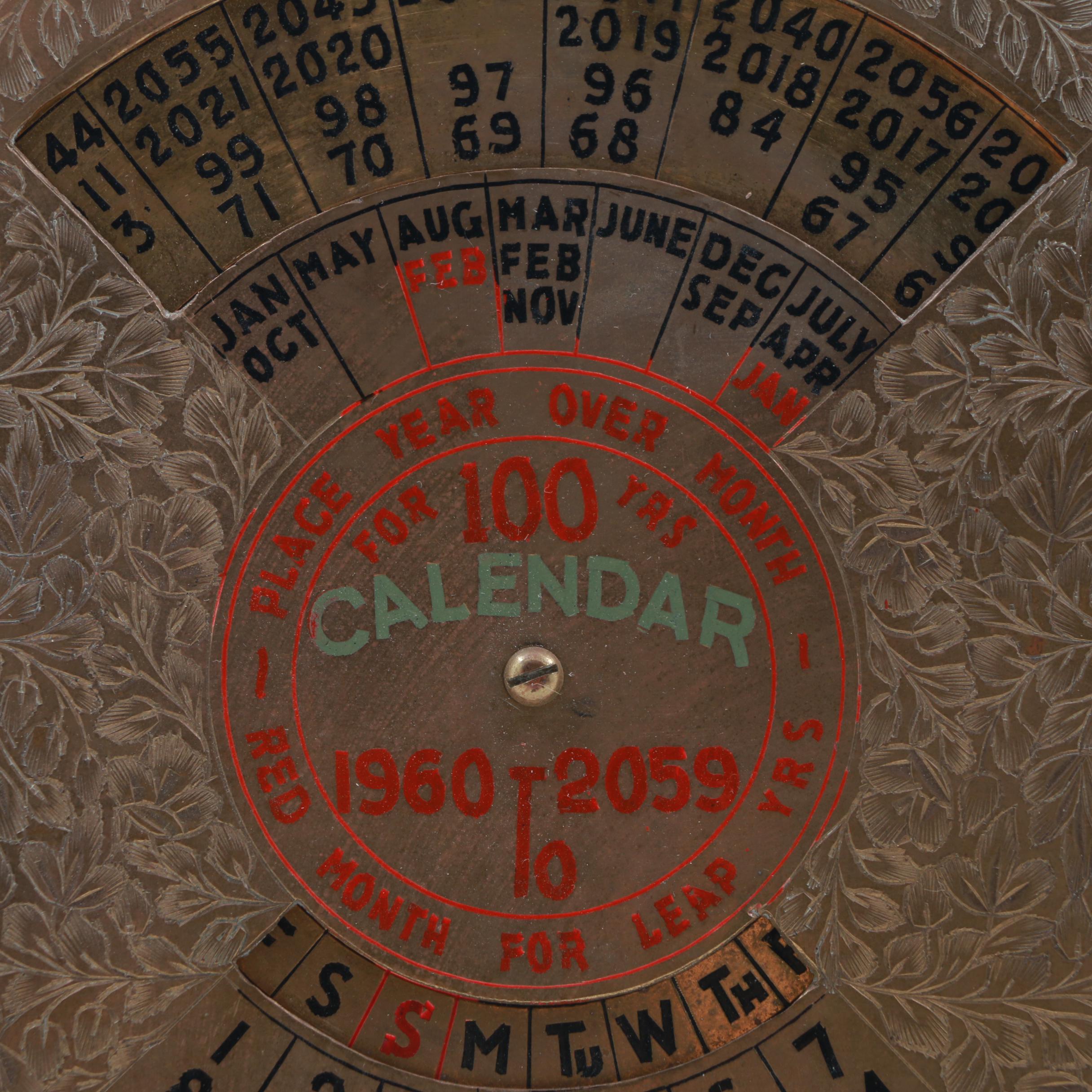 100 Year Etched Brass Mechanical Calendar 1960-2059