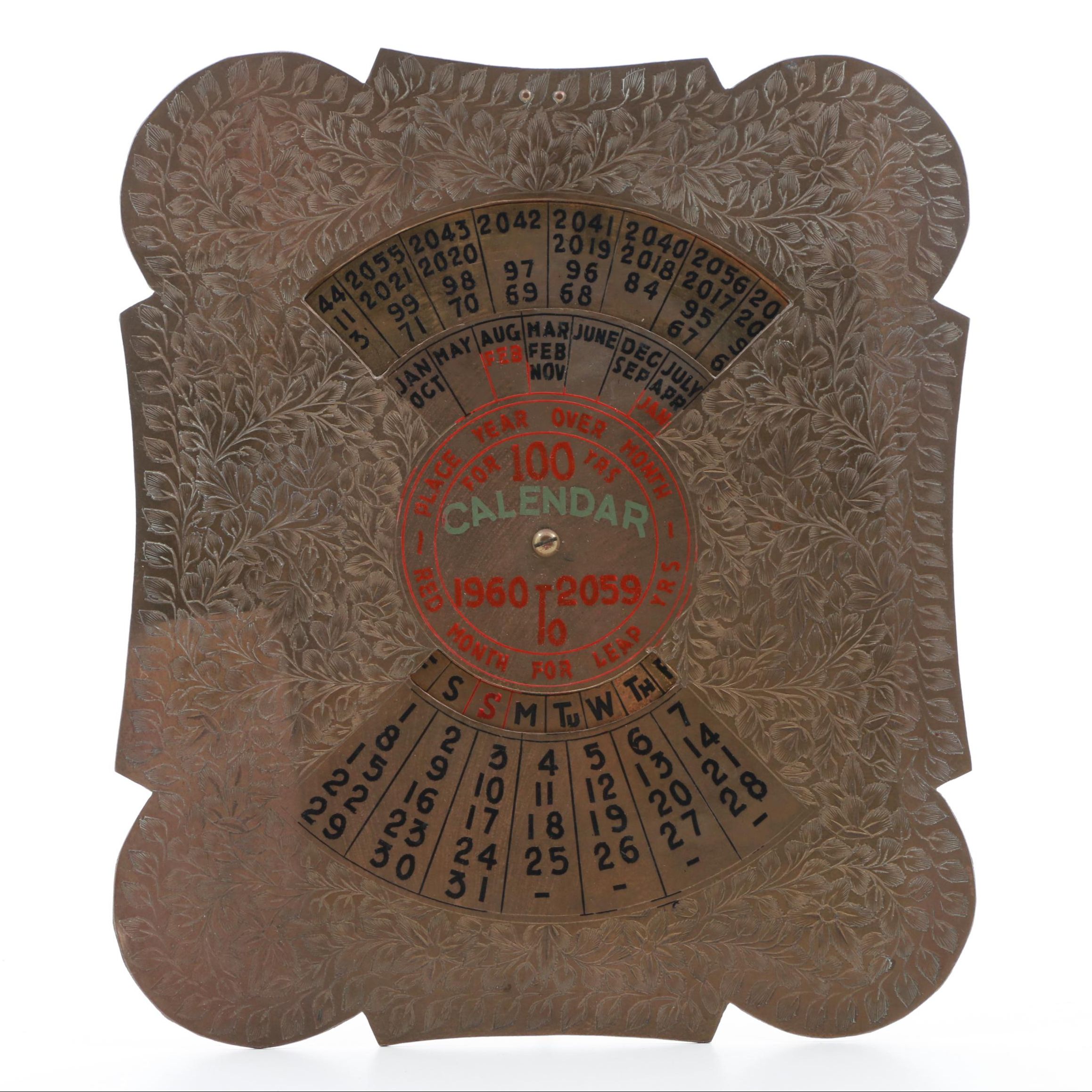 100 Year Etched Brass Mechanical Calendar 1960-2059