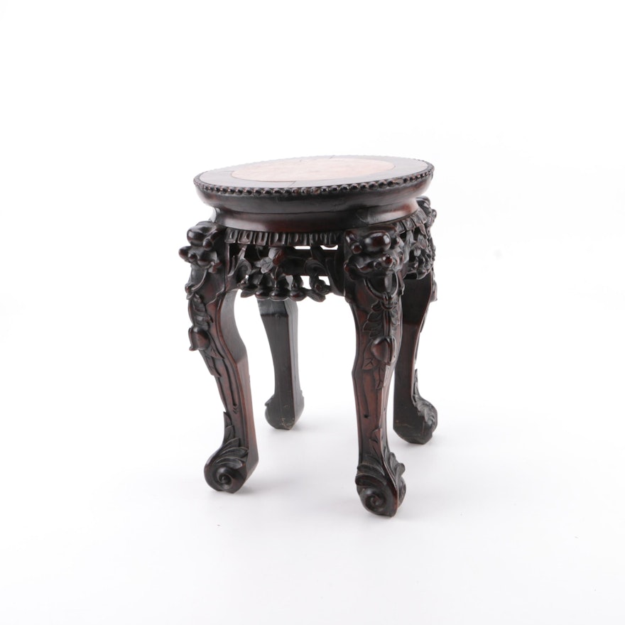 Antique Chinese Carved Rosewood and Marble Accent Table