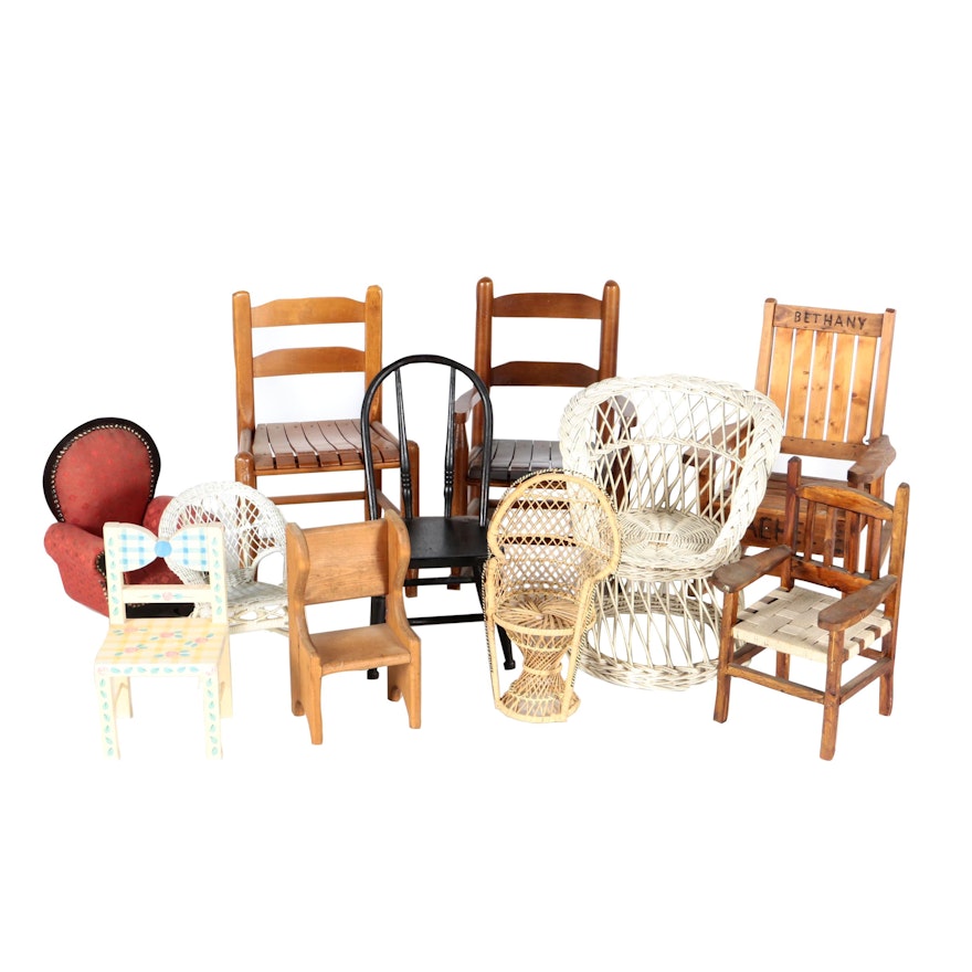 Wood and Wicker Doll Chairs and Rockers