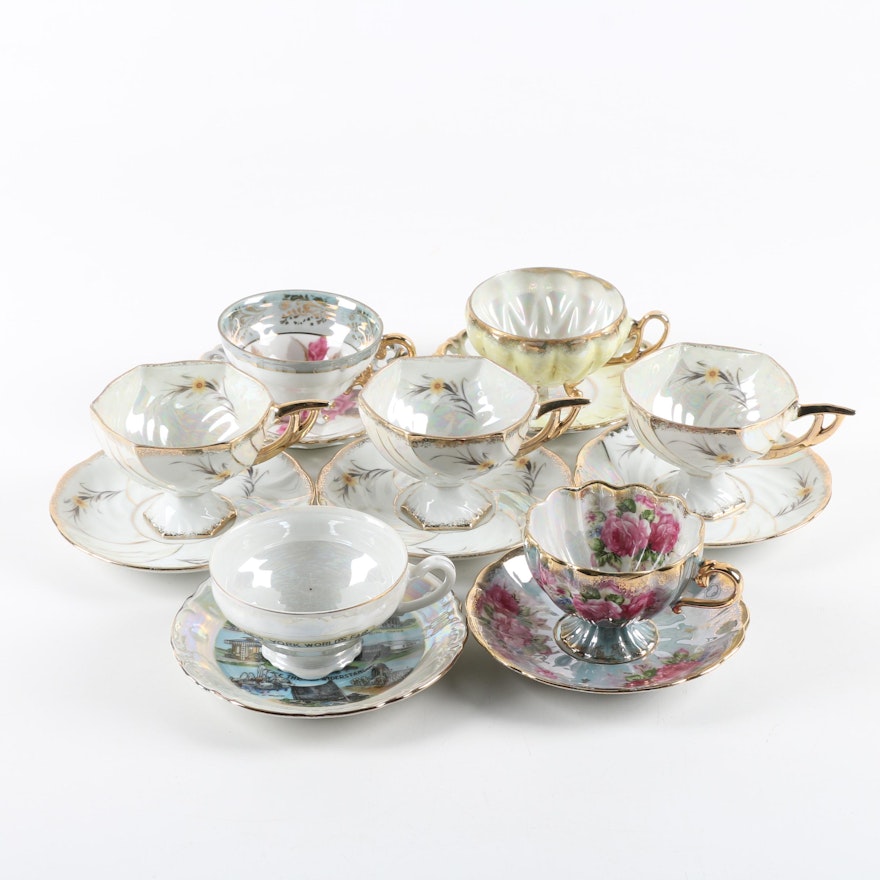 Iridescent Porcelain Teacups and Saucers Including Royal Halsey