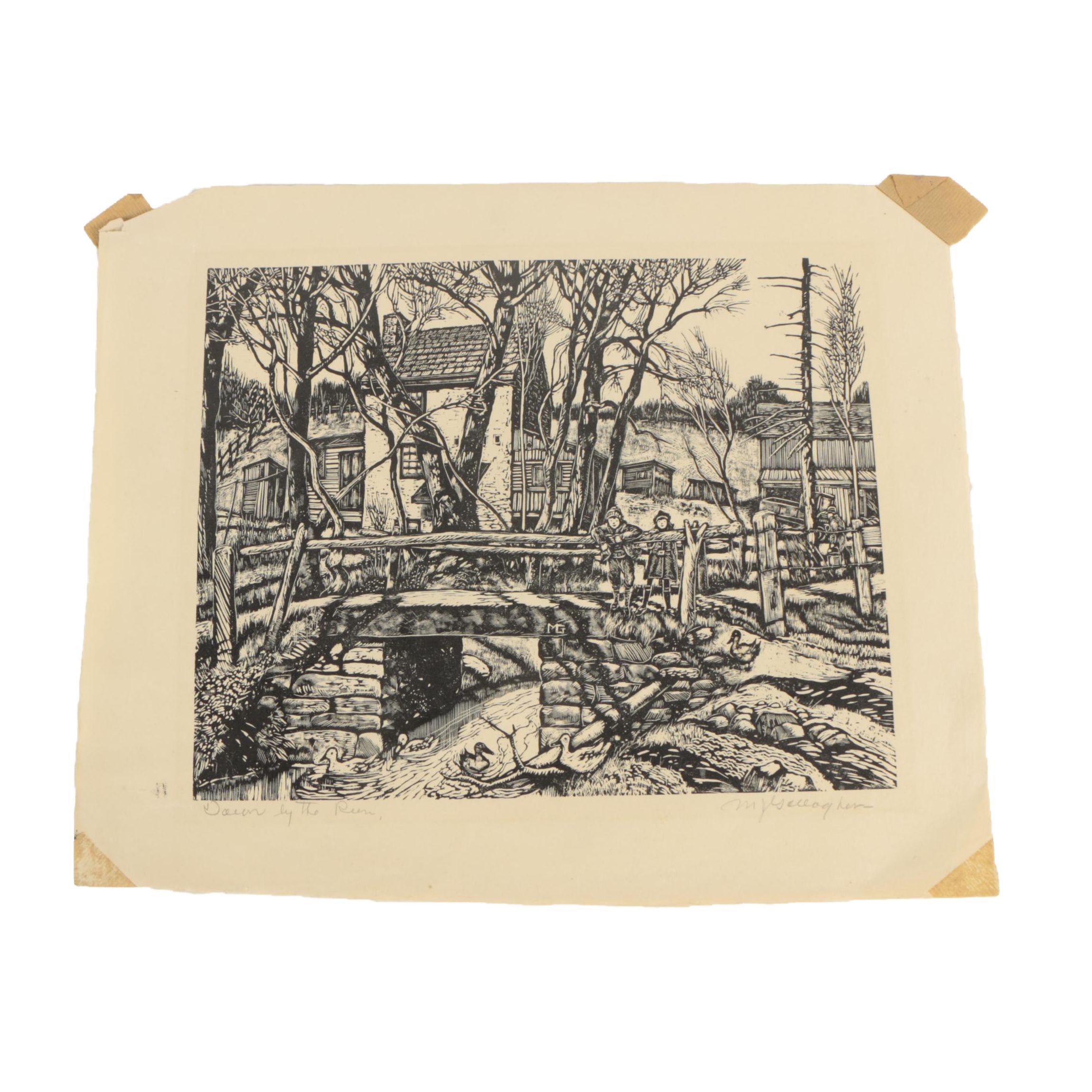 Michael J. Gallagher Woodcut Relief Print "Down By the River"