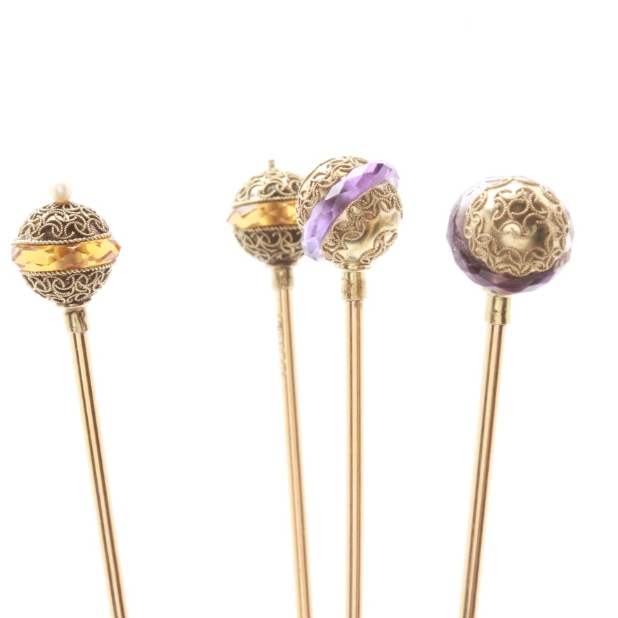 Antique Victorian 14K Yellow Gold Amethyst, Citrine and Seed Pearl Hat Pins