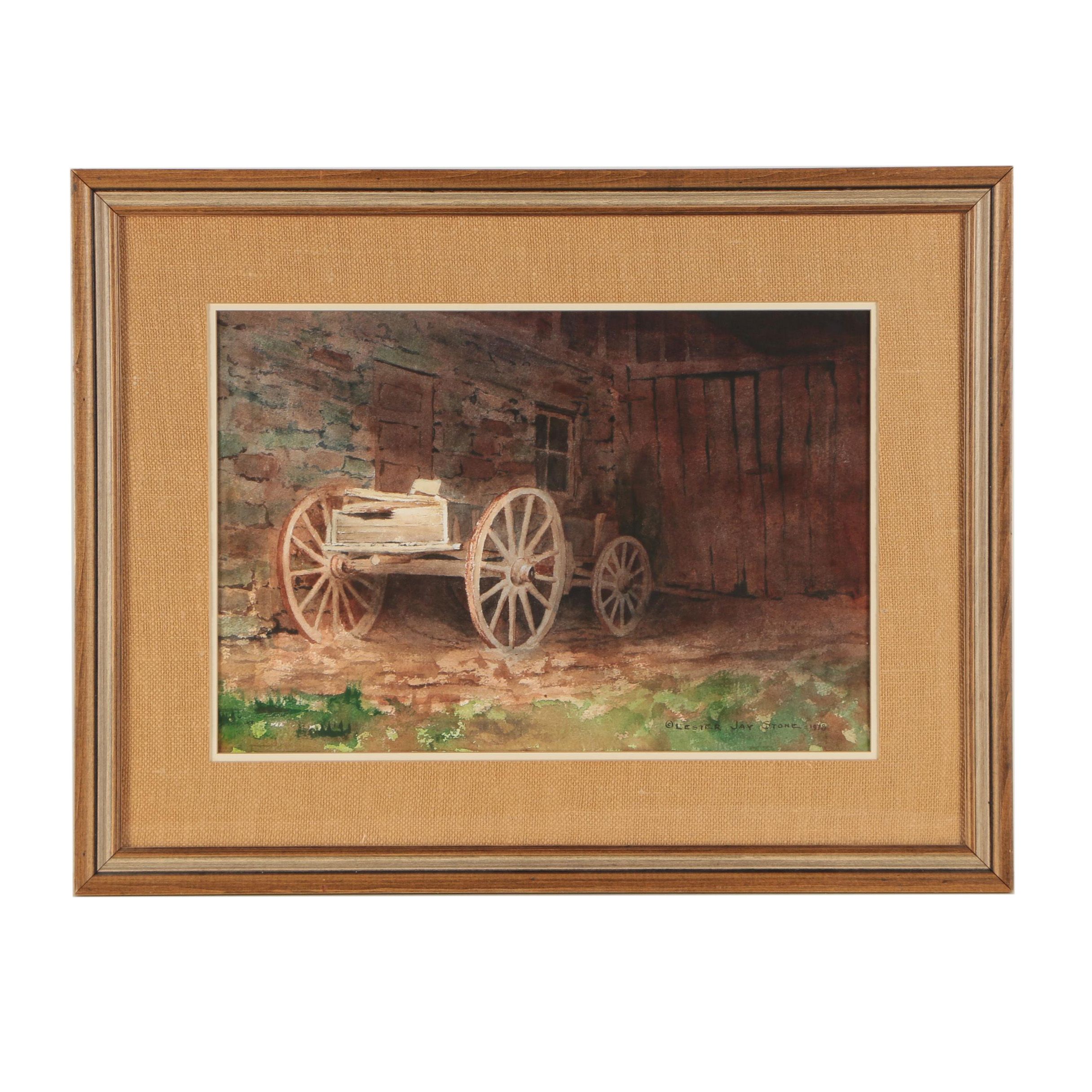 1978 Lester Jay Stone Watercolor Painting "Farm Wagon"