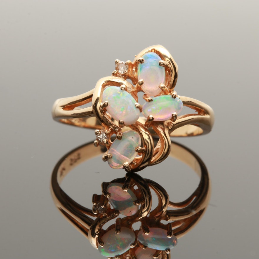 14K Yellow Gold Opal and Diamond Ring