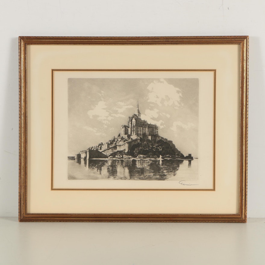 Earmio Mid Century Etching with Aquatint of Le Mont Saint-Michel