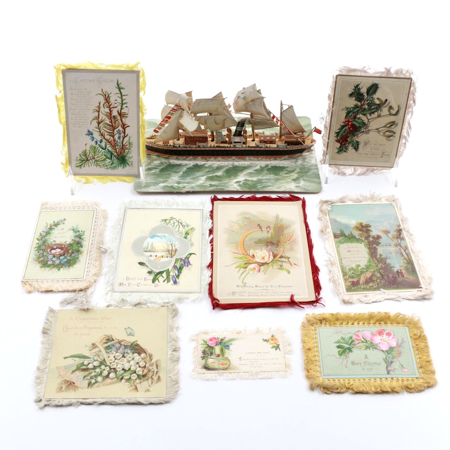 Victorian Era Greeting Cards with Pop-Up Paper Steamer Ship