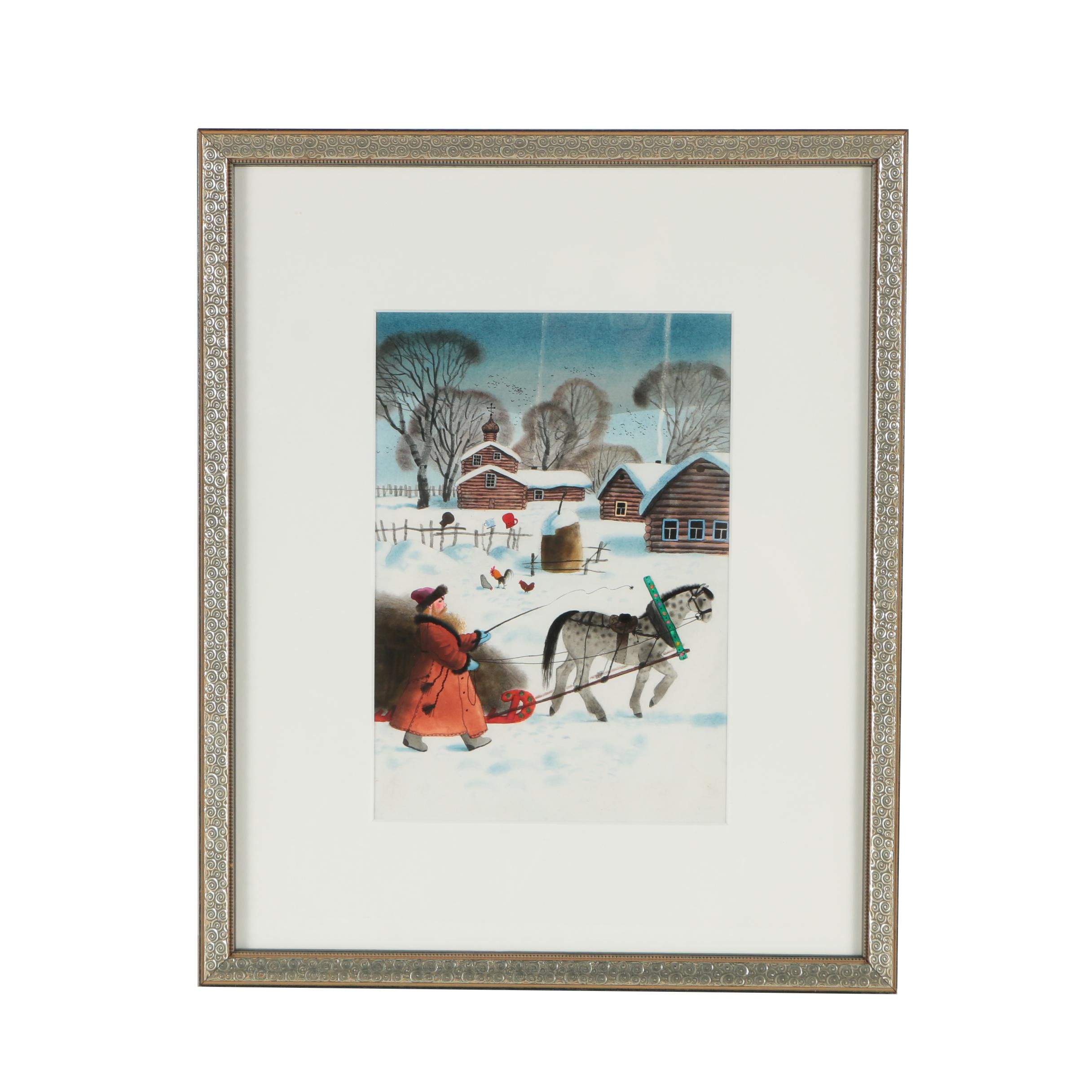 Watercolor Painting of Snowy Town Scene