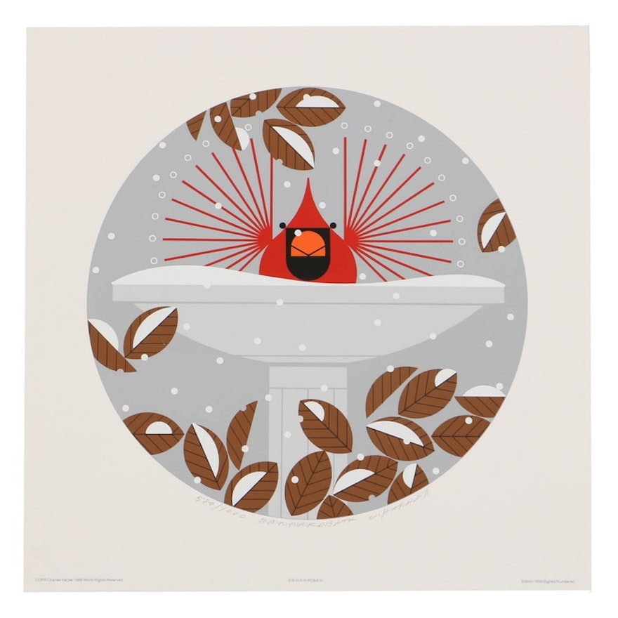 Charley Harper Limited Edition Serigraph on Paper "Brrrrrdbath"