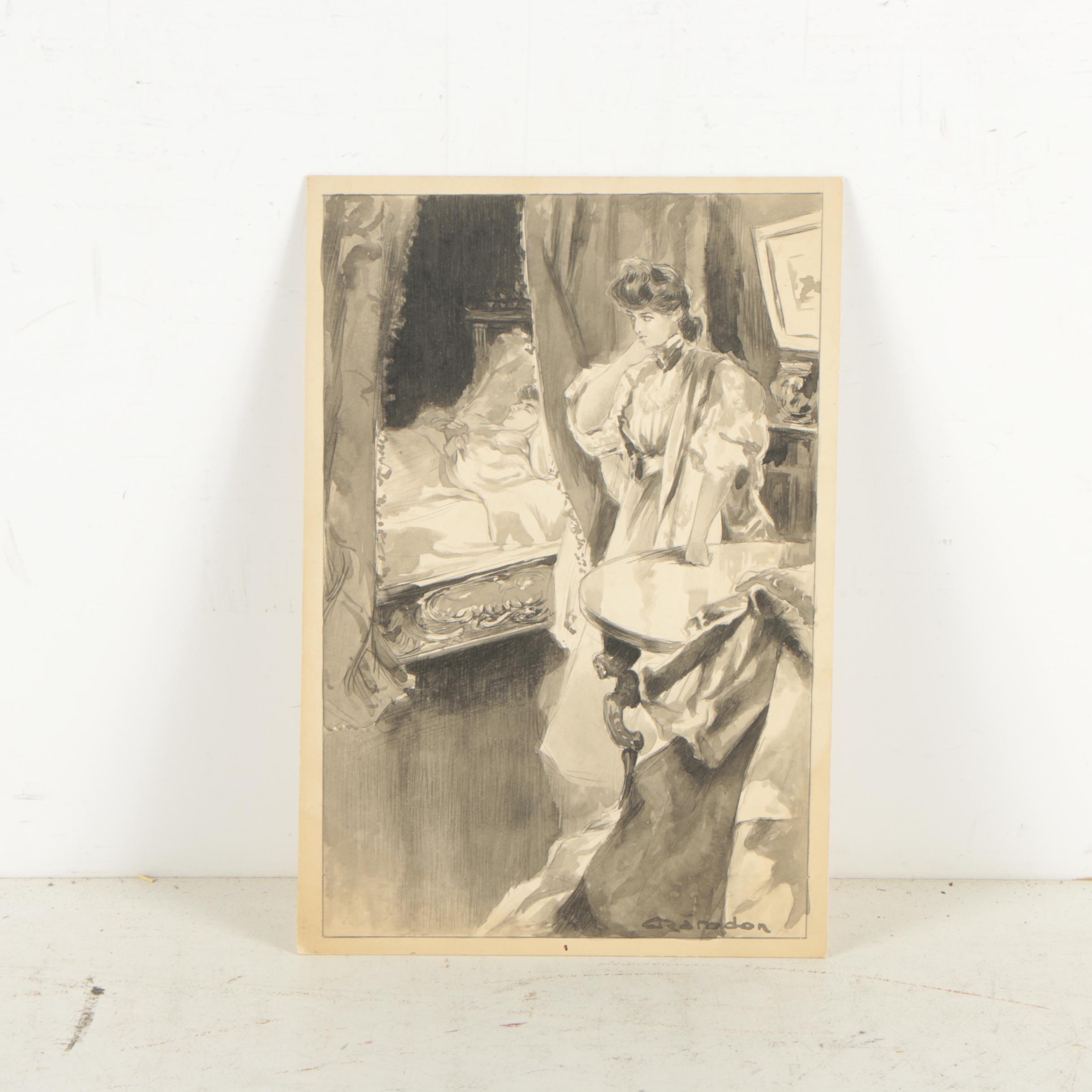 Maurice Marodon Vintage Ink Wash Painting