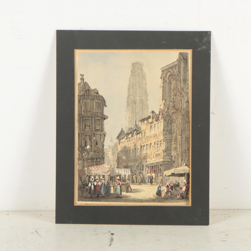 Sarah Ridley Antique Ink and Watercolor Painting "Rouen"