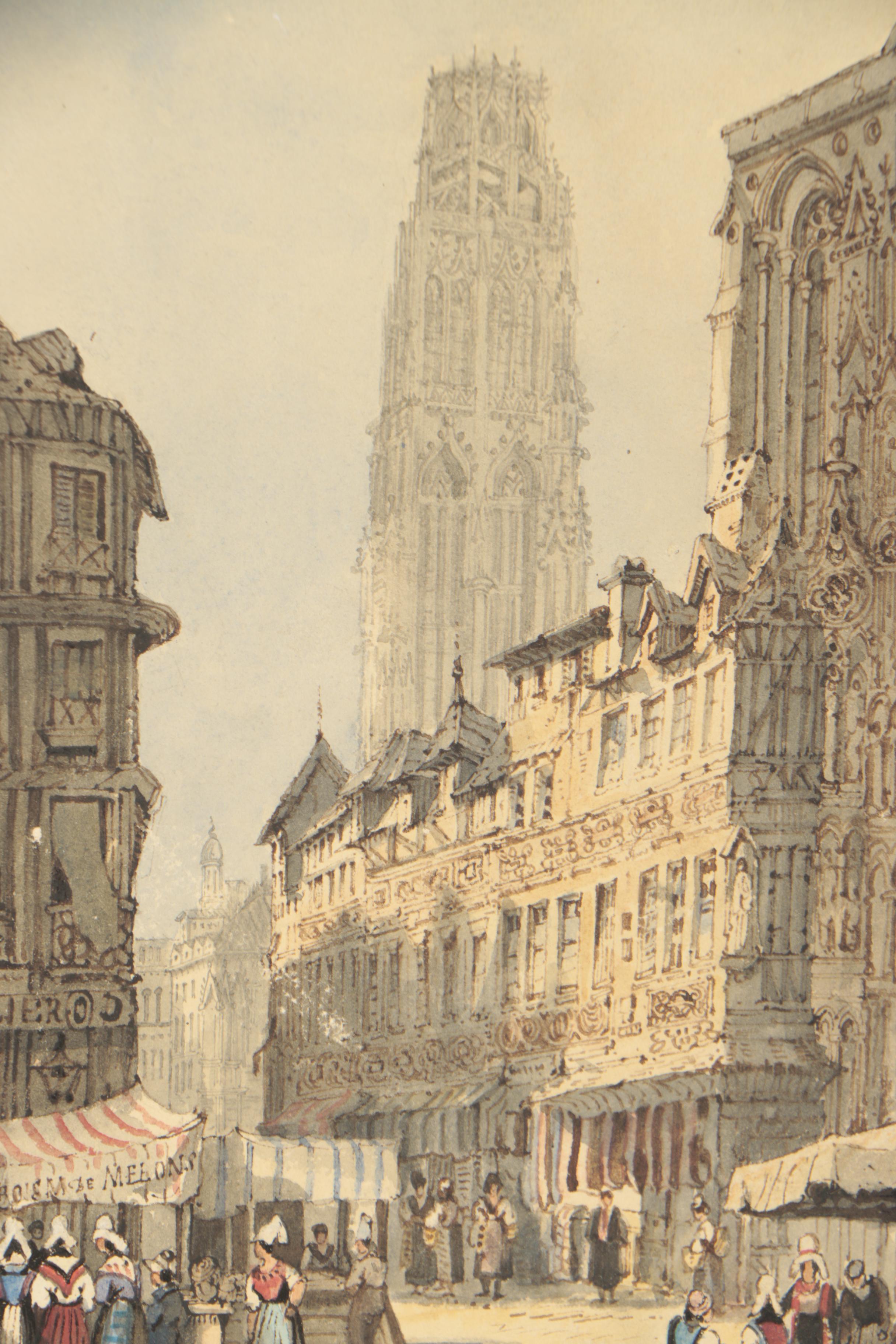 Sarah Ridley Antique Ink and Watercolor Painting "Rouen"