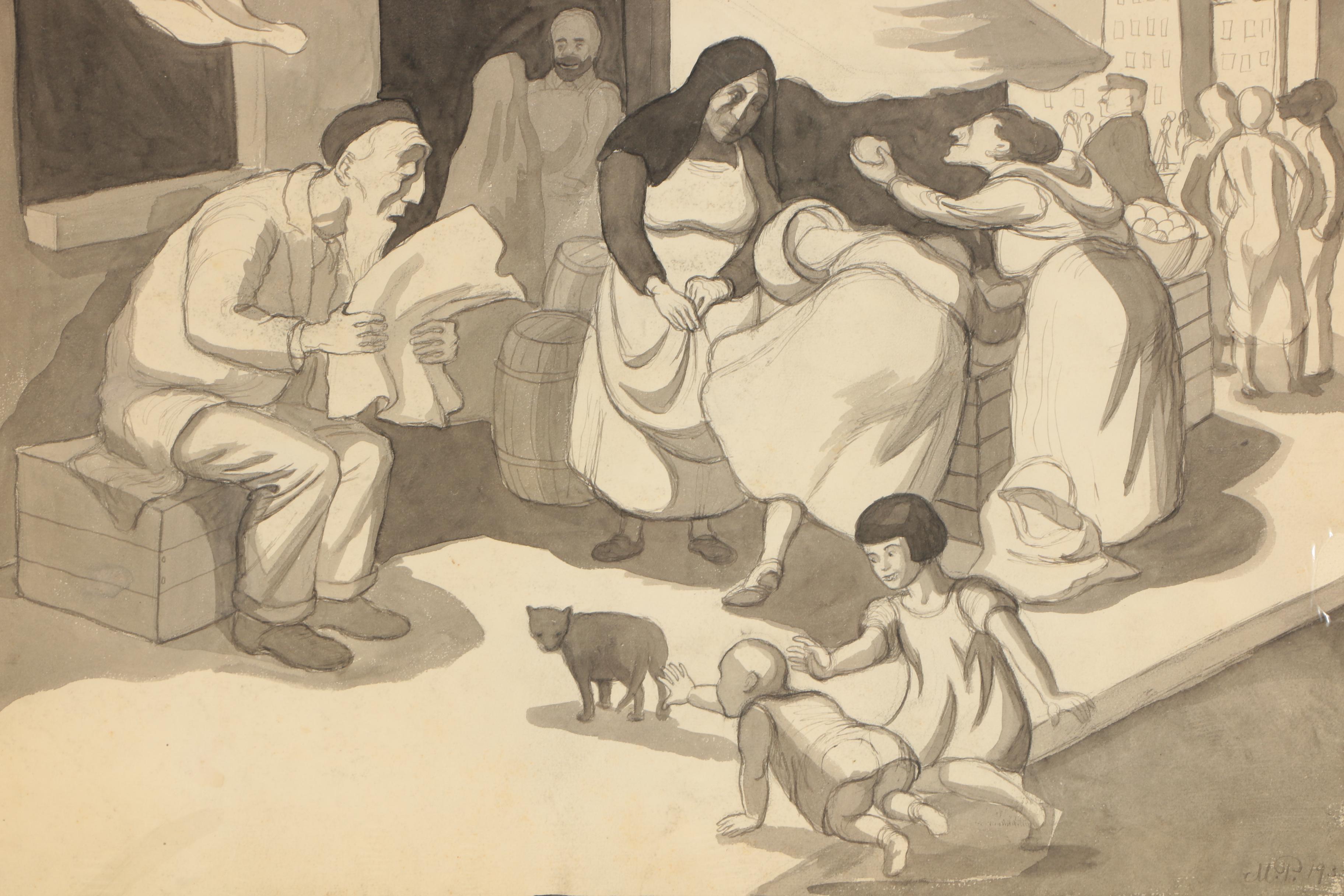 Ink Drawing Attributed to Mischa Richter "Jewish District, N.Y.C."