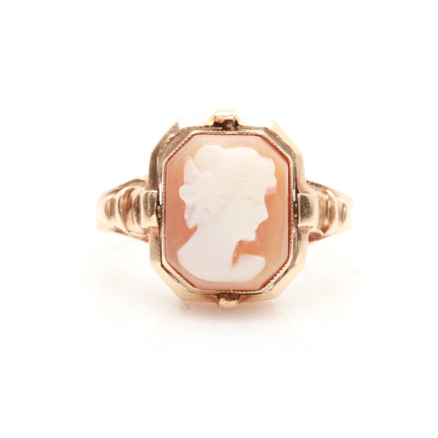 10K Yellow Gold Shell Cameo, Synthetic Ruby and Diamond Flip Ring