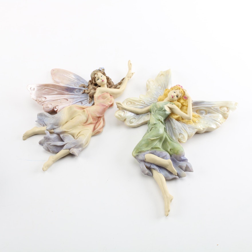 Two Colorful Resin Wall Fairy Plaques