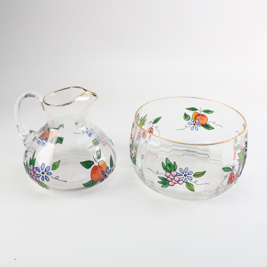 Hand Painted Optic Glass Bowl and Pitcher