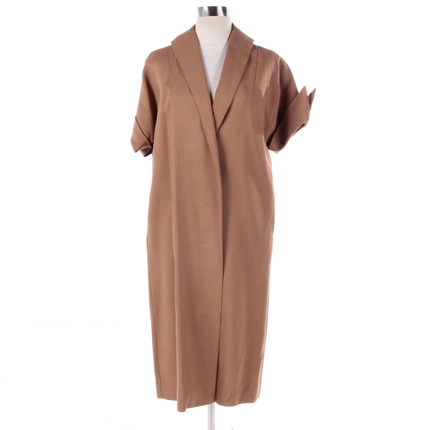 Women's Vintage Camel Brown Polyester Blend Short Sleeve Coat