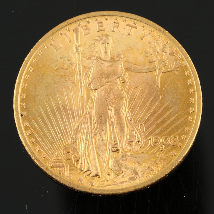 1908 Saint-Gaudens $20 Gold Double Eagle, No Motto Variety