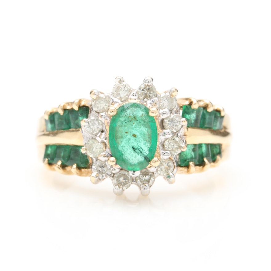 14K Yellow Gold Emerald and Diamond Ring