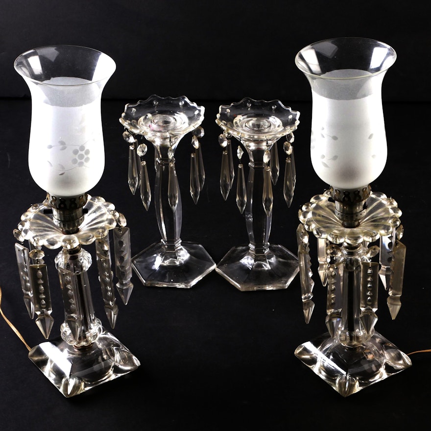 Pair of Crystal Hurricane Lamps and Candle Holders