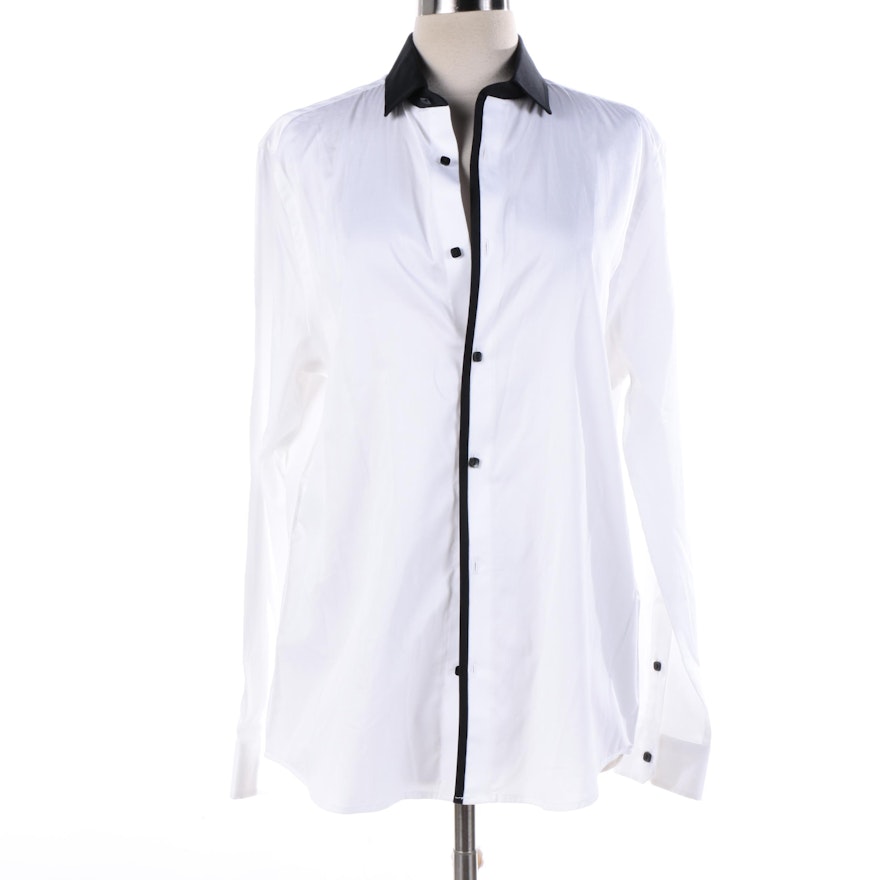 Women's Karl Lagerfeld White Dress Button-Front Shirt Trimmed in Black