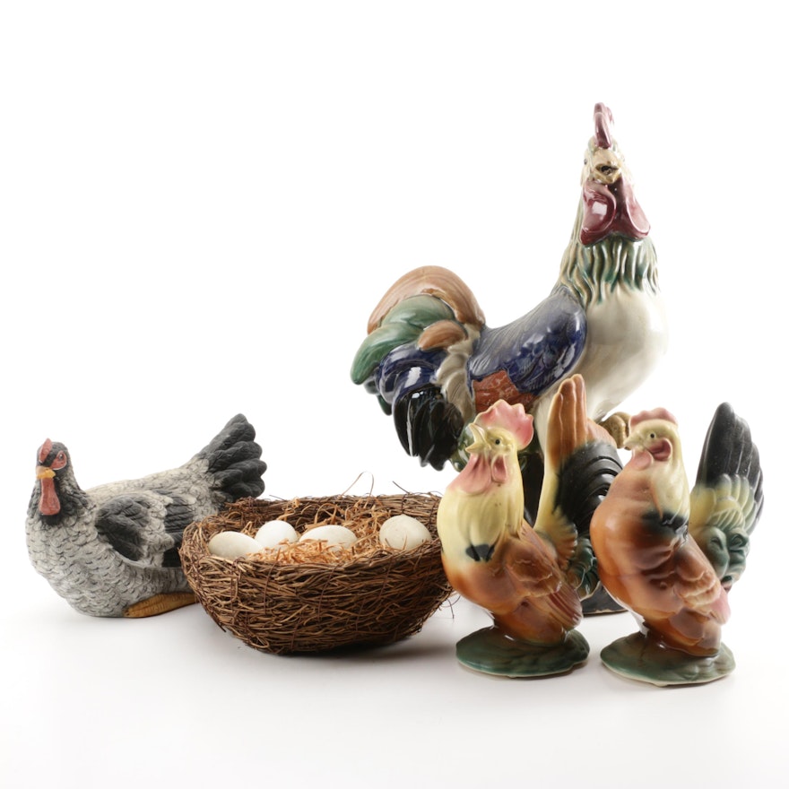 Ceramic Chickens, Roosters and Eggs In A Basket Featuring Three Hands Corp