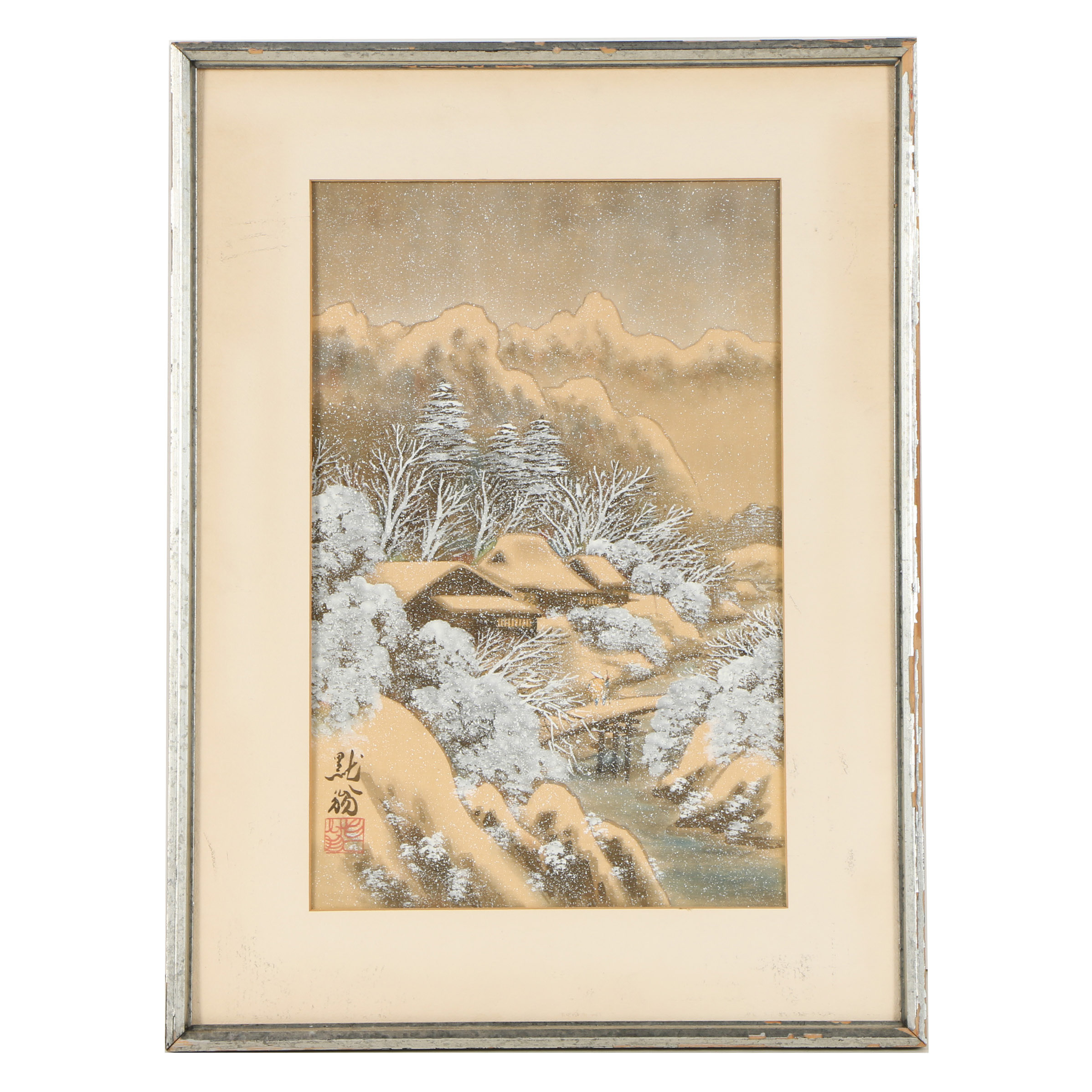 20th Century East Asian Gouache Painting Mountain Landscape