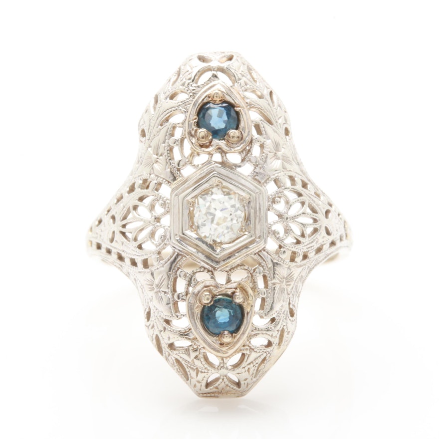 Edwardian 14K and 18K White Gold Diamond and Blue Sapphire Ring