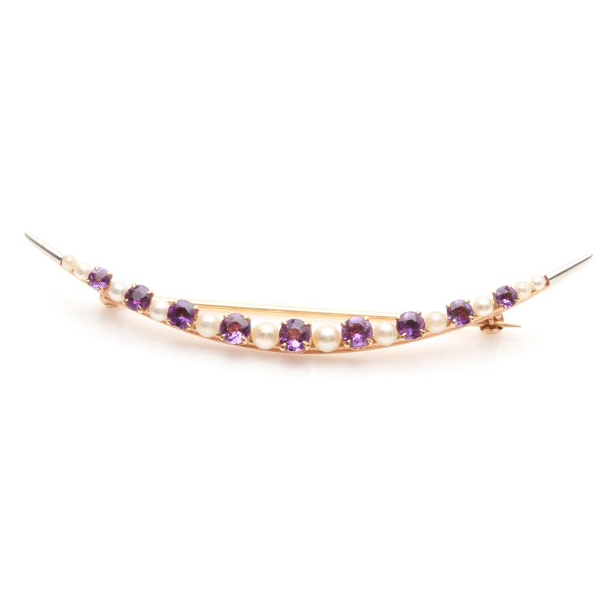 1910s 14K Yellow Gold Amethyst and Cultured Pearl Crescent Brooch with Platinum
