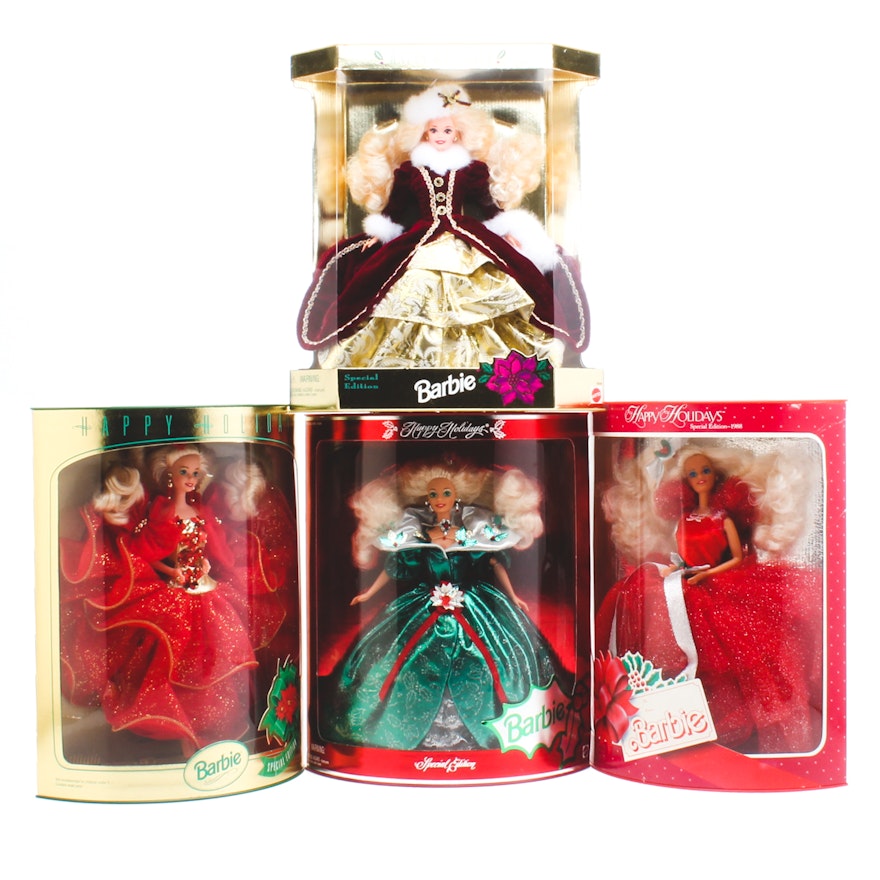 Group of Holiday Barbie Dolls