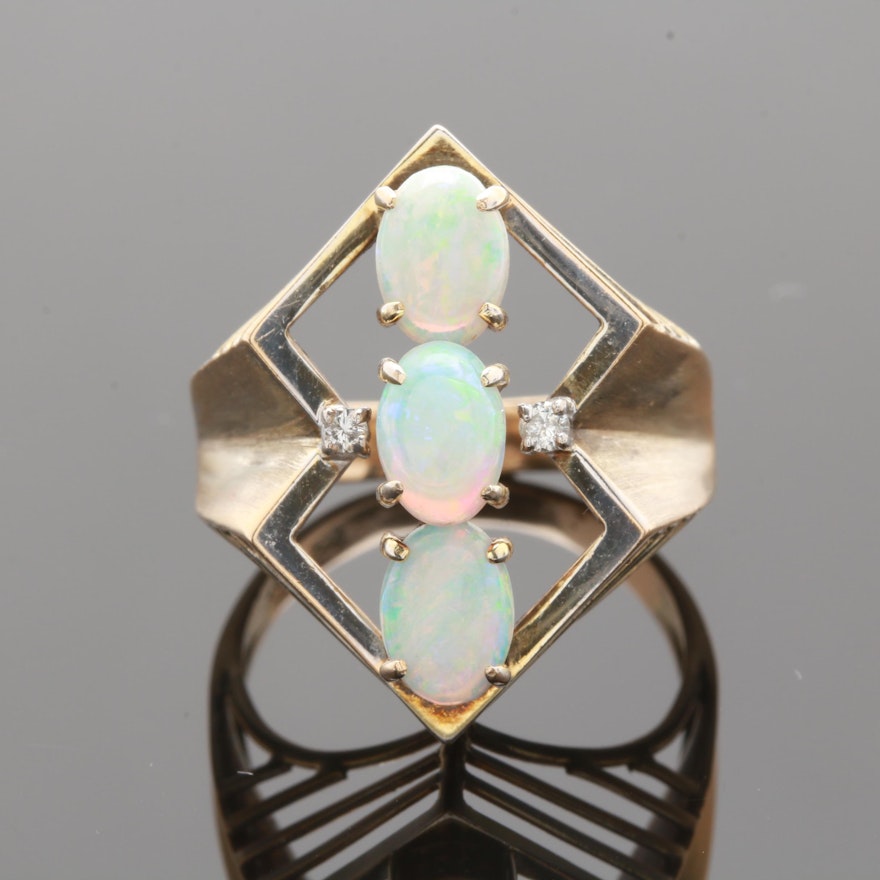 14K Yellow Gold Opal and Diamond Geometric Ring