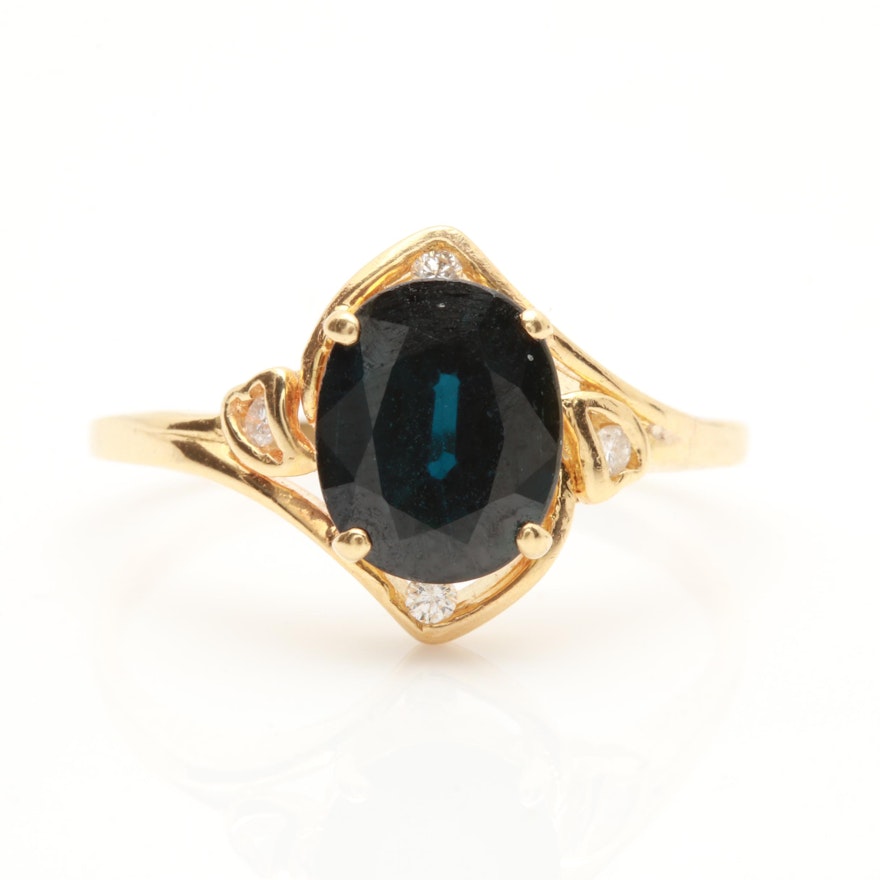 14K Yellow Gold Blue Sapphire and Diamond Accented Ring