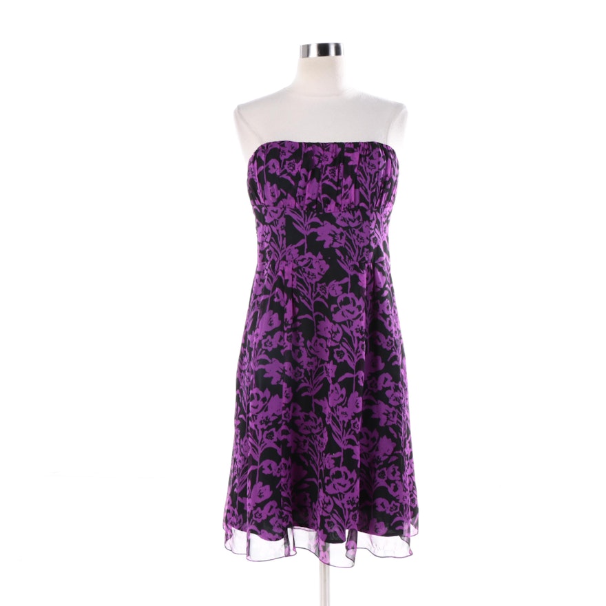 Nanette Lepore Black Silk Strapless Dress with Purple Floral Pattern
