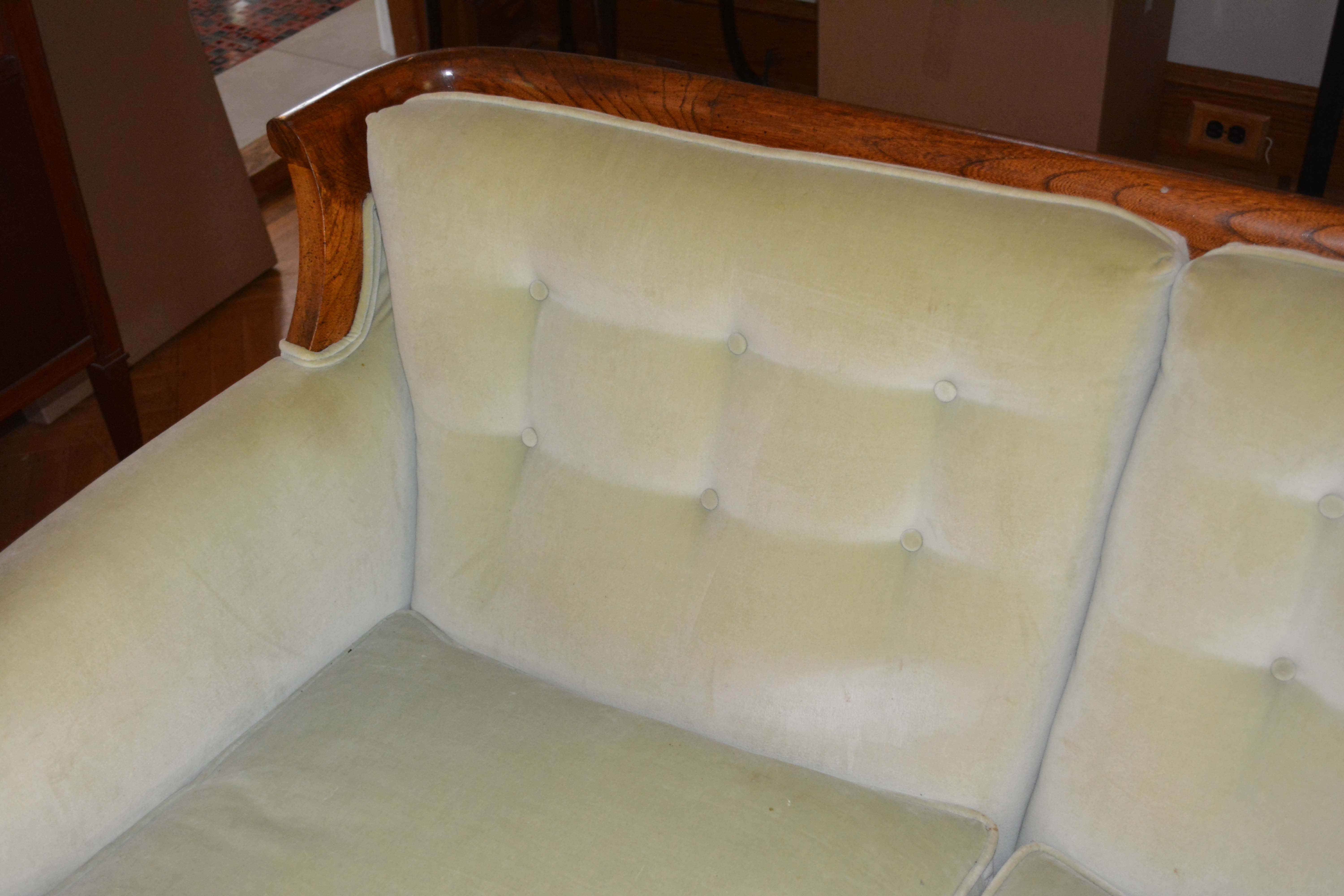 Vintage Regency Style Green Upholstered Love Seat
