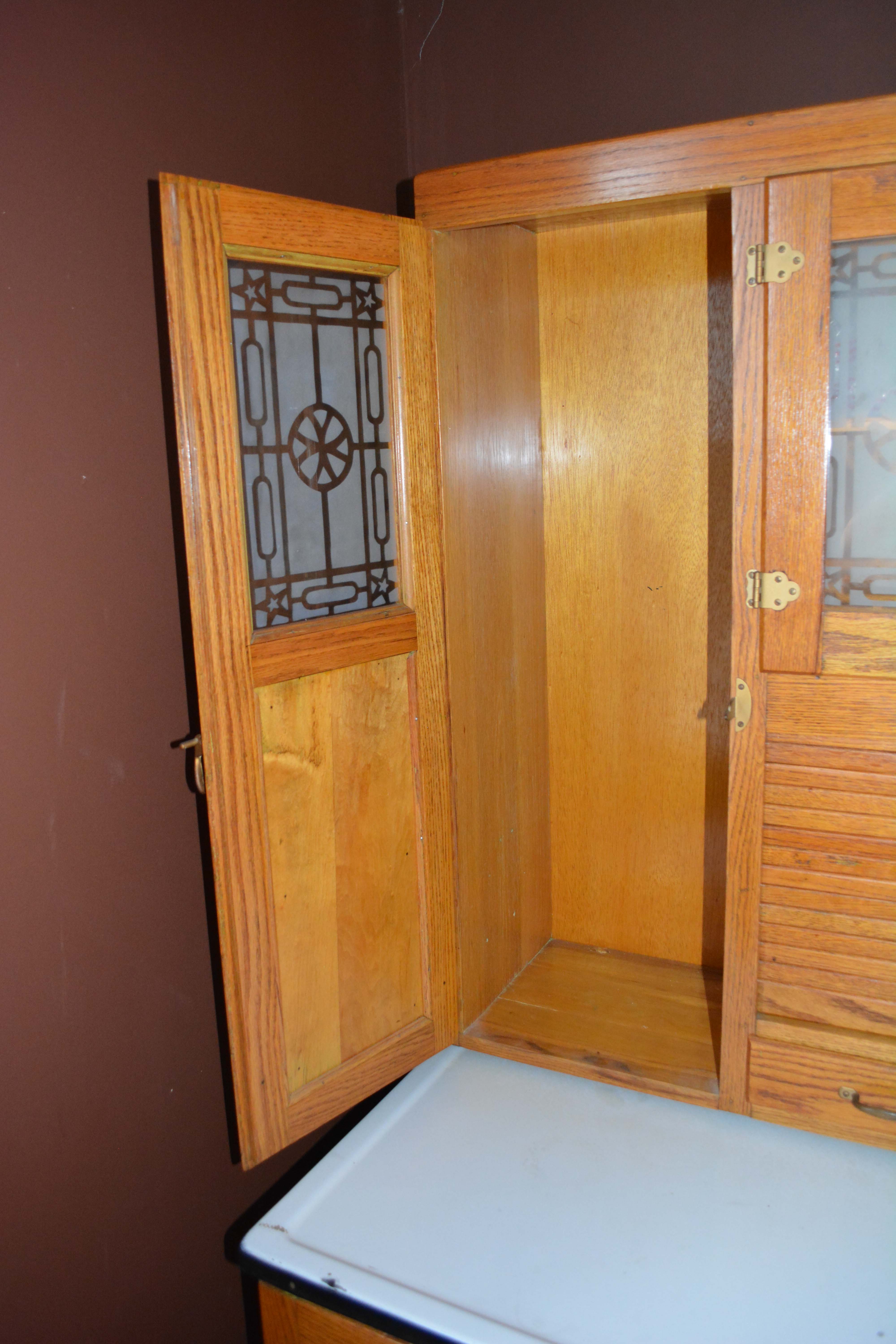 Vintage Two-Piece Oak Hoosier Cabinet