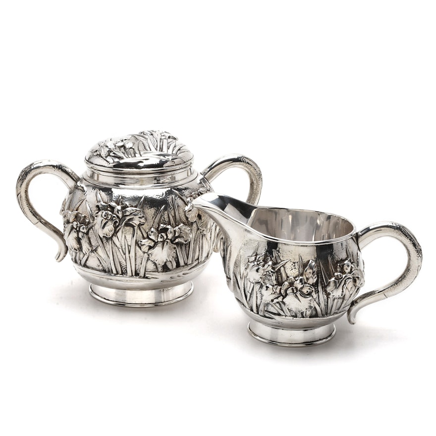 Japanese Pure Silver Hammered Iris Motif Creamer and Sugar Bow