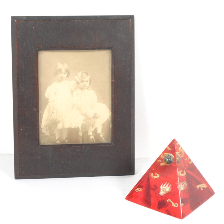 Acrylic Pyramid Paperweight and Vintage Photograph
