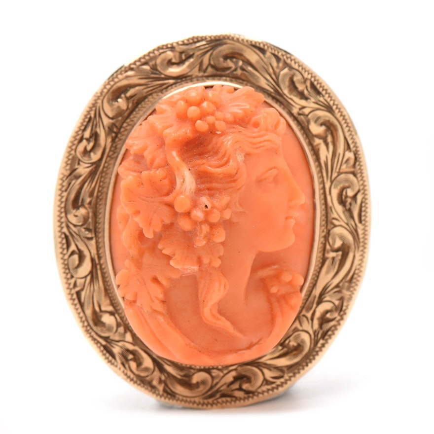 Antique 10K Yellow Gold High-Relief Carved Coral Cameo of Bacchus