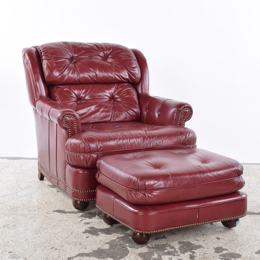 Red Leather Armchair and Ottoman