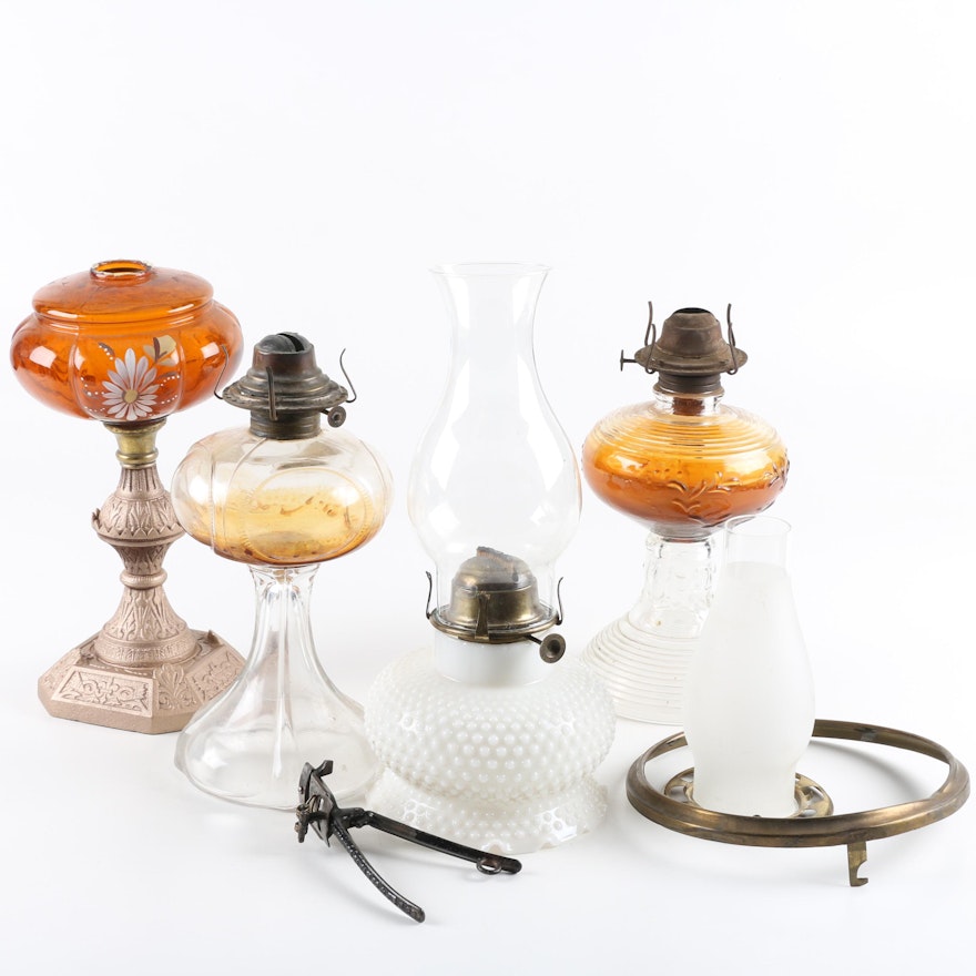 Vintage Oil Lamps and Shades Including Milk Glass