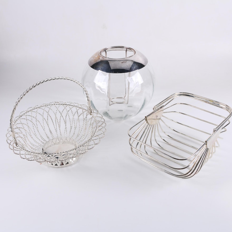 Produx Silver Plate Trimmed Glass Bowl Votive Holder and Metal Baskets