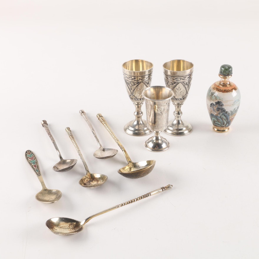 Silver Plate Spoon and Cup set with Painted Glass Bottle