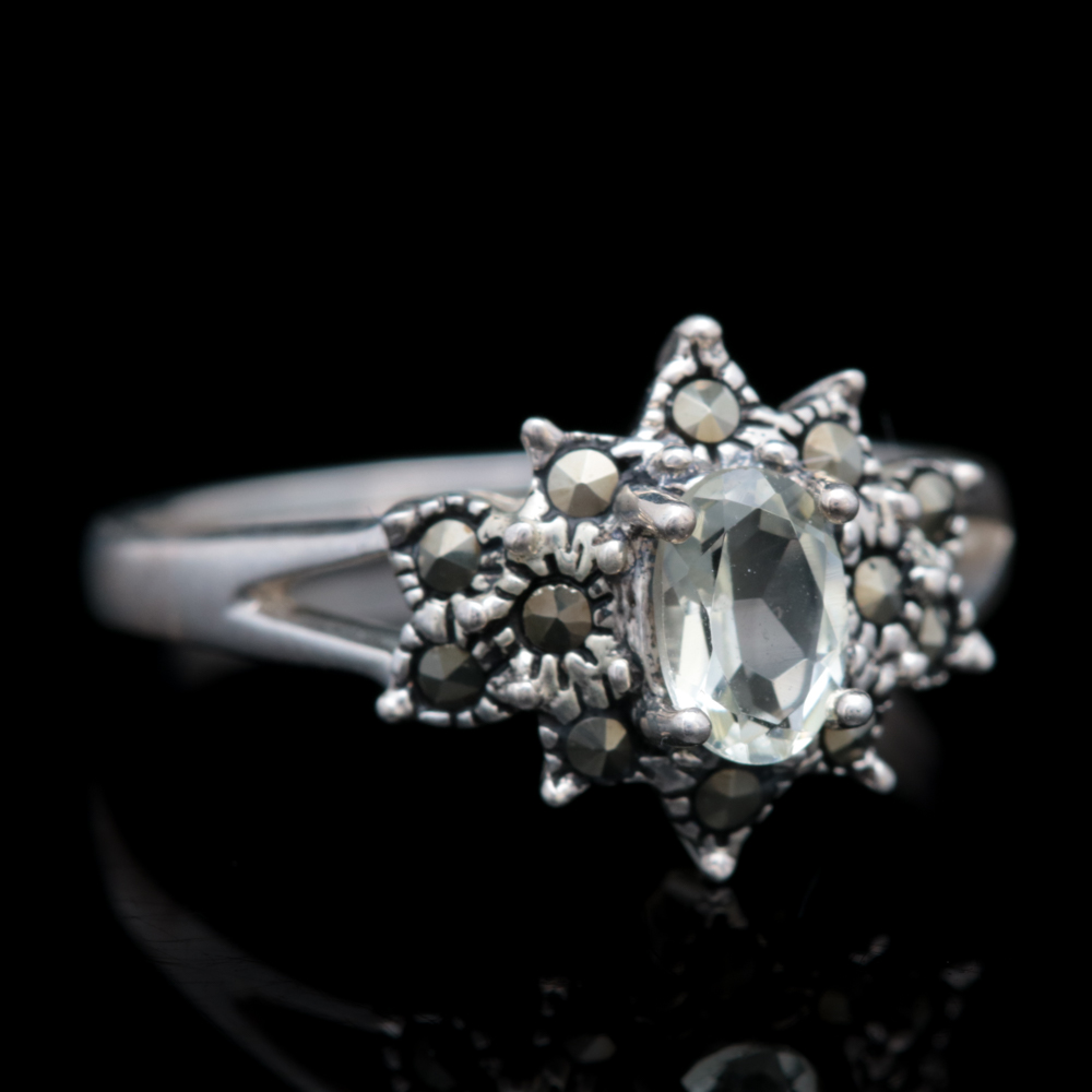 Sterling Silver, Lemon Quartz and Marcasite Ring